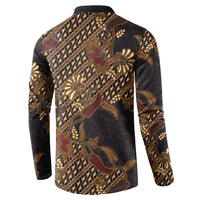 Indonesian Parang Batik Button Sweatshirt Brown Gold Floral Pattern