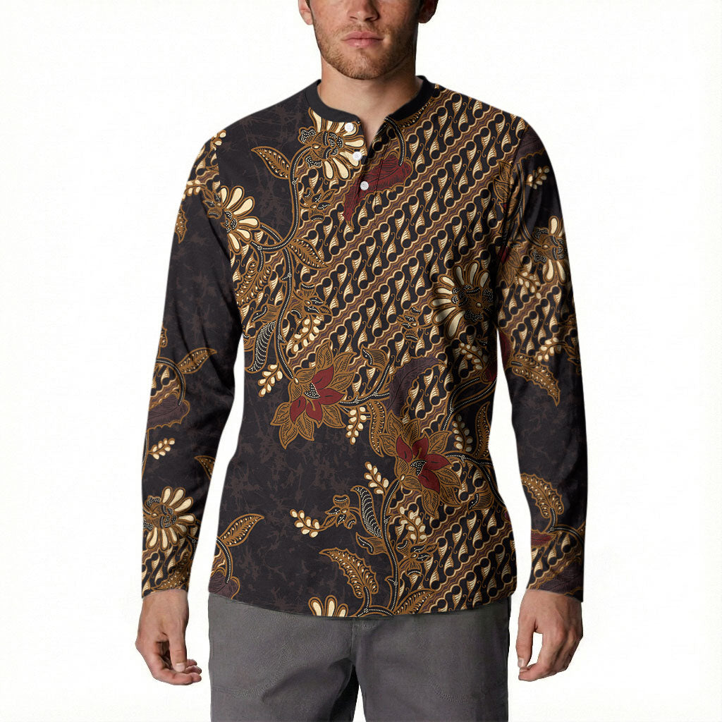 Indonesian Parang Batik Button Sweatshirt Brown Gold Floral Pattern