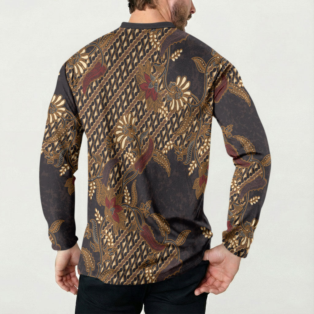 Indonesian Parang Batik Button Sweatshirt Brown Gold Floral Pattern