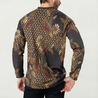 Indonesian Parang Batik Button Sweatshirt Brown Gold Floral Pattern
