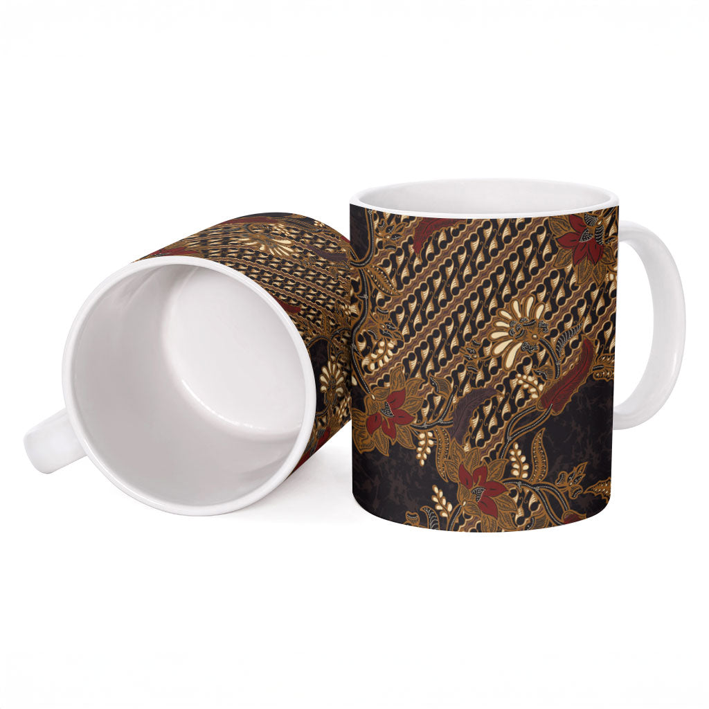 Indonesian Parang Batik Ceramic Mug Brown Gold Floral Pattern
