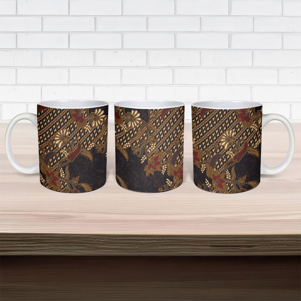 Indonesian Parang Batik Ceramic Mug Brown Gold Floral Pattern