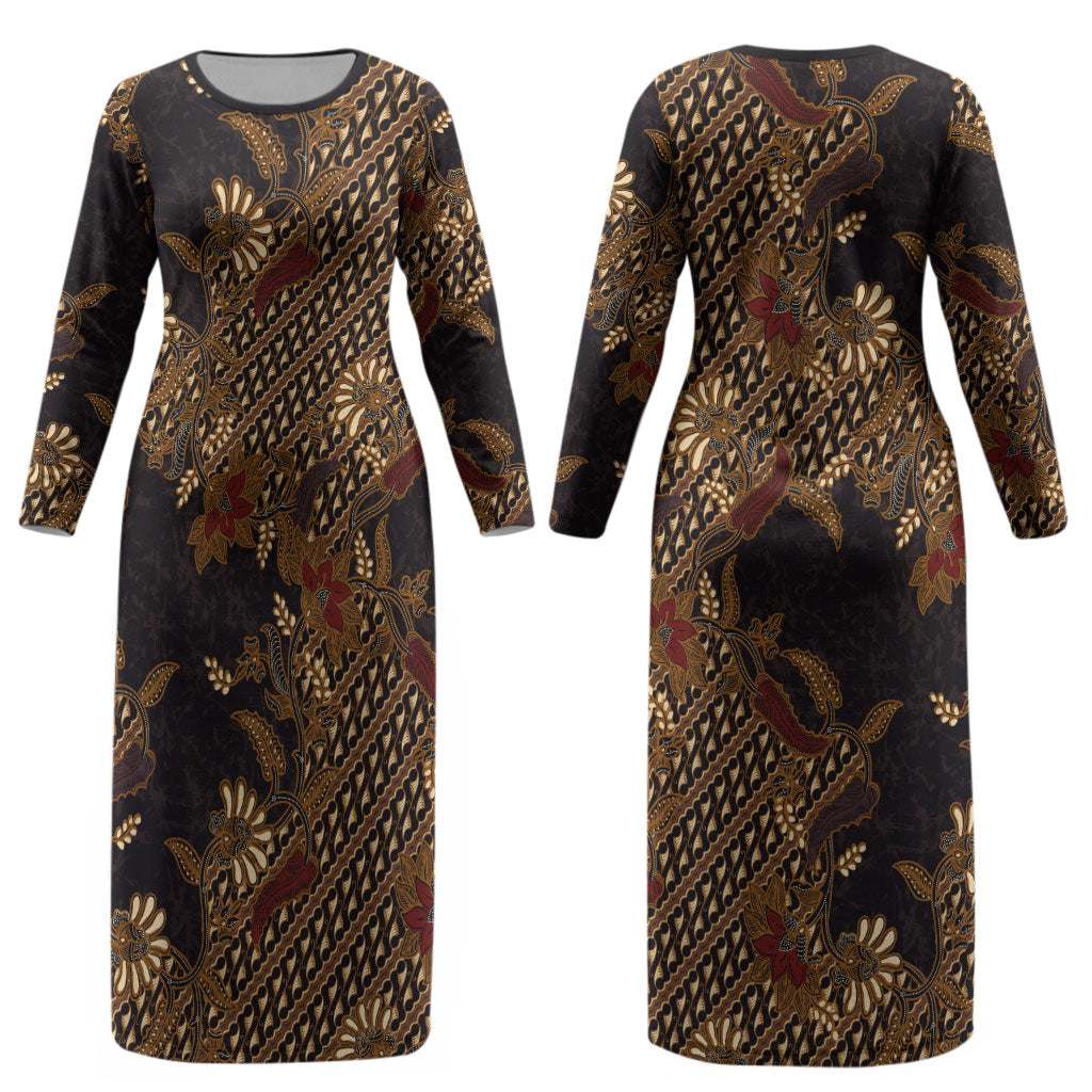 Indonesian Parang Batik Couples Matching Long Sleeve Bodycon Dress and Hawaiian Shirt Brown Gold Floral Pattern