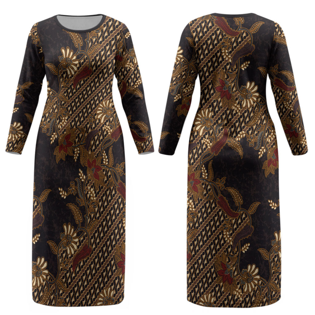 Indonesian Parang Batik Couples Matching Long Sleeve Bodycon Dress and Long Sleeve Button Shirt Brown Gold Floral Pattern