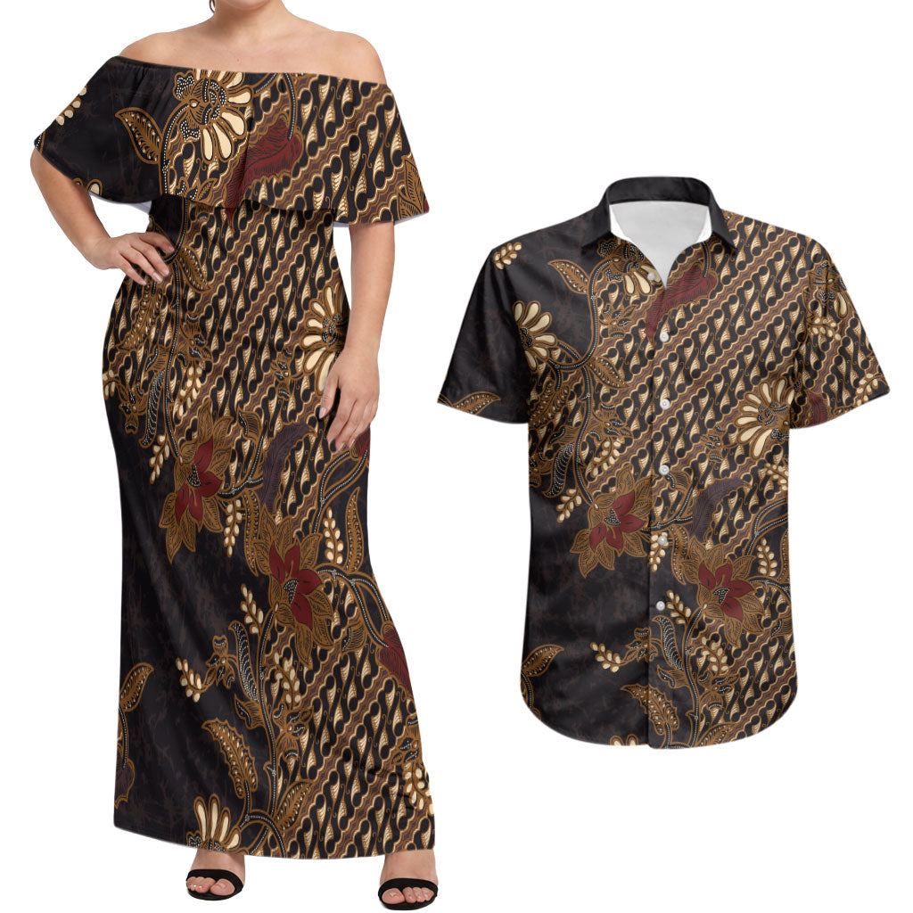Indonesian Parang Batik Couples Matching Off Shoulder Maxi Dress and Hawaiian Shirt Brown Gold Floral Pattern