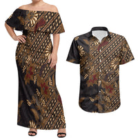 Indonesian Parang Batik Couples Matching Off Shoulder Maxi Dress and Hawaiian Shirt Brown Gold Floral Pattern