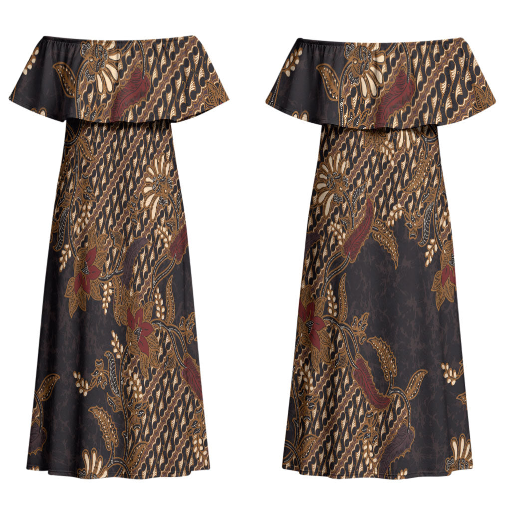 Indonesian Parang Batik Couples Matching Off Shoulder Maxi Dress and Long Sleeve Button Shirt Brown Gold Floral Pattern
