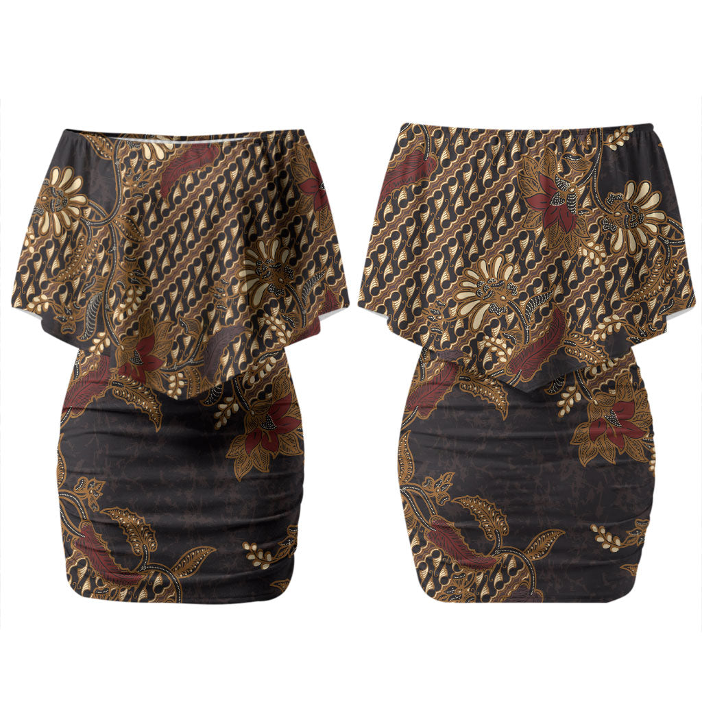 Indonesian Parang Batik Couples Matching Off Shoulder Short Dress and Hawaiian Shirt Brown Gold Floral Pattern