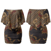 Indonesian Parang Batik Couples Matching Off Shoulder Short Dress and Hawaiian Shirt Brown Gold Floral Pattern