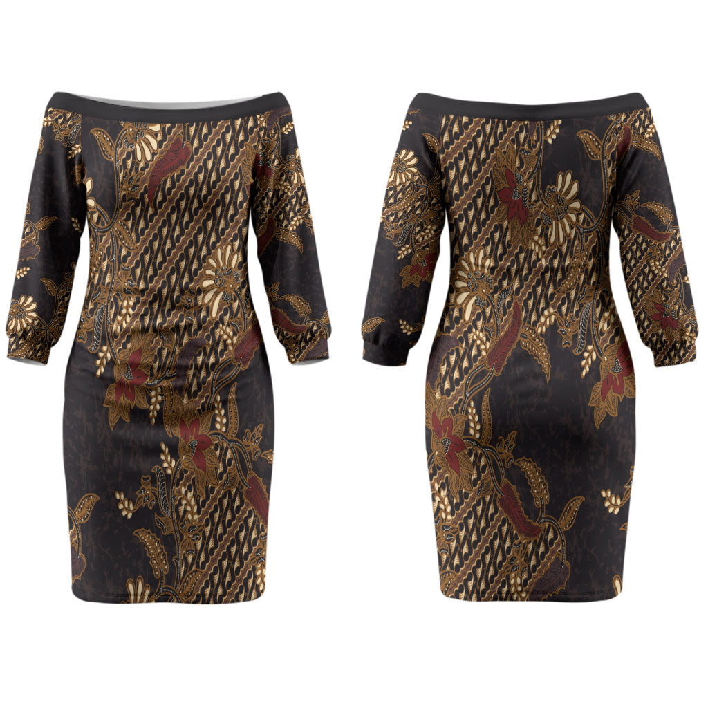 Indonesian Parang Batik Couples Matching Off The Shoulder Long Sleeve Dress and Long Sleeve Button Shirt Brown Gold Floral Pattern