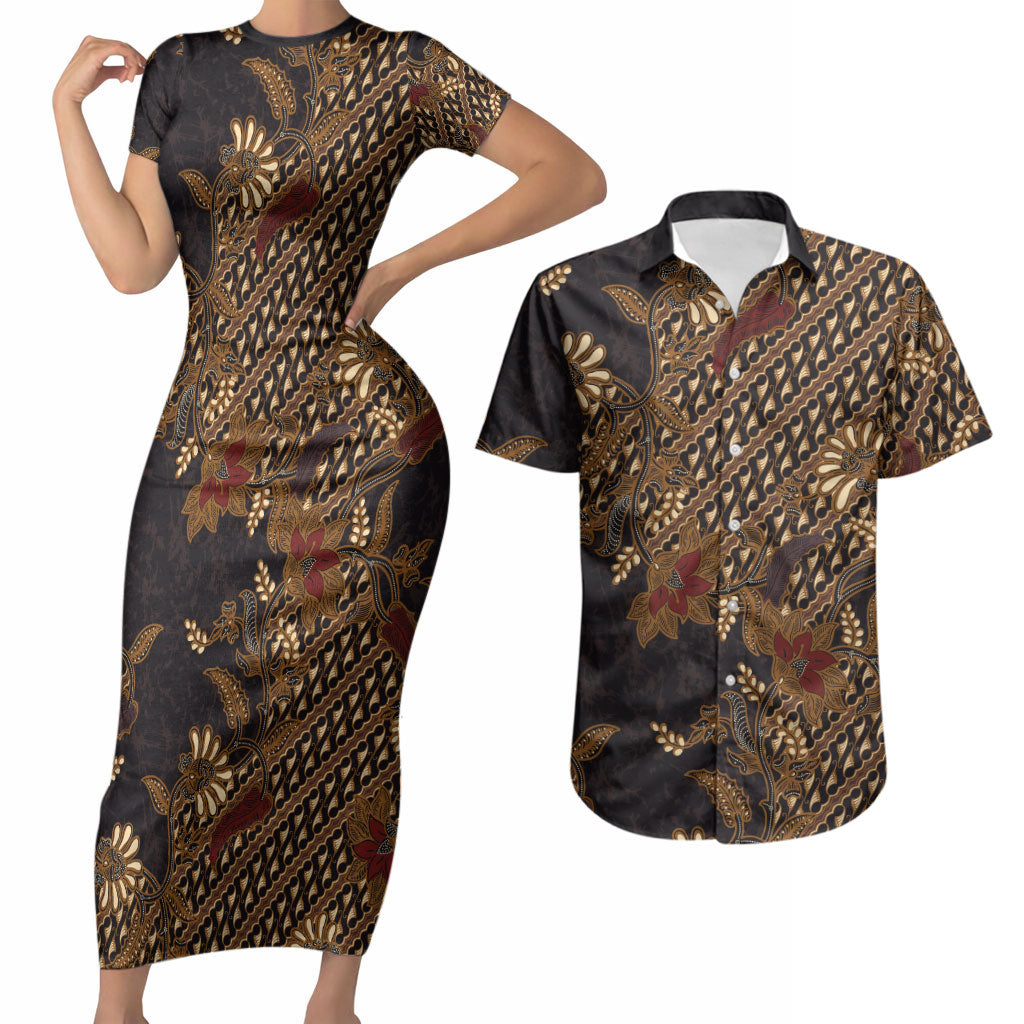 Indonesian Parang Batik Couples Matching Short Sleeve Bodycon Dress and Hawaiian Shirt Brown Gold Floral Pattern