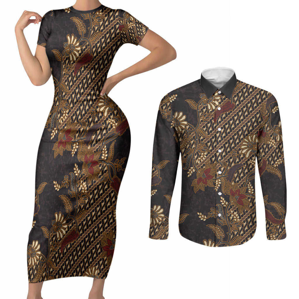 Indonesian Parang Batik Couples Matching Short Sleeve Bodycon Dress and Long Sleeve Button Shirt Brown Gold Floral Pattern