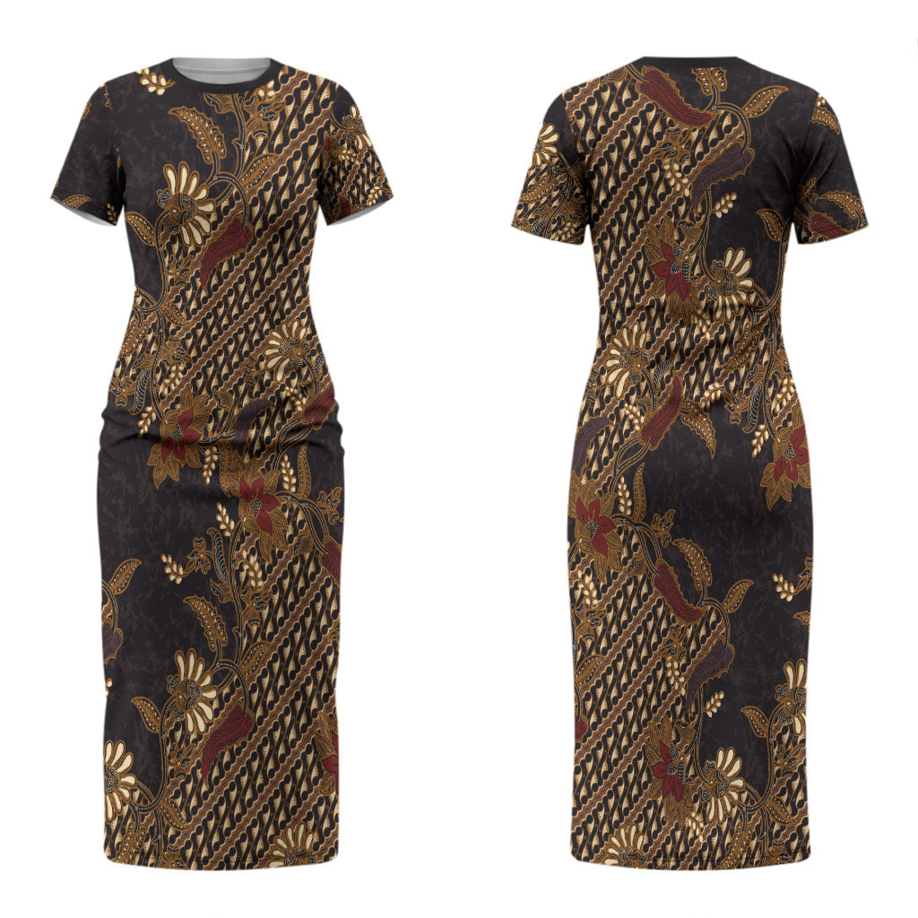 Indonesian Parang Batik Couples Matching Short Sleeve Bodycon Dress and Long Sleeve Button Shirt Brown Gold Floral Pattern