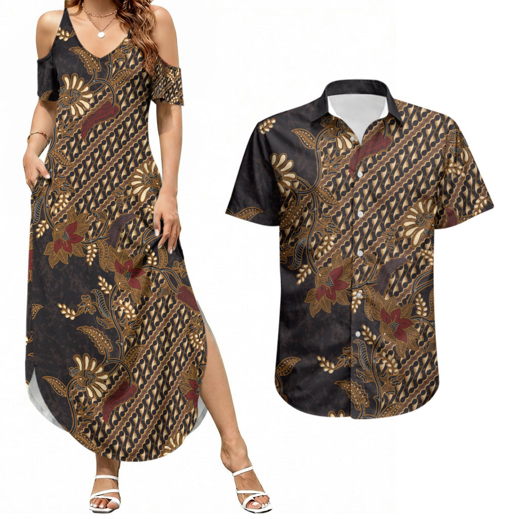 Indonesian Parang Batik Couples Matching Summer Maxi Dress and Hawaiian Shirt Brown Gold Floral Pattern