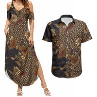 Indonesian Parang Batik Couples Matching Summer Maxi Dress and Hawaiian Shirt Brown Gold Floral Pattern