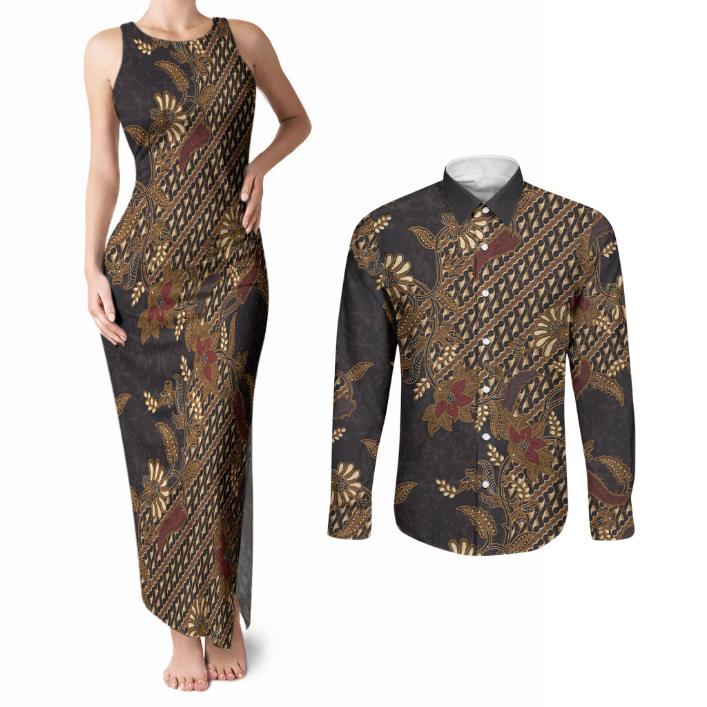 Indonesian Parang Batik Couples Matching Tank Maxi Dress and Long Sleeve Button Shirt Brown Gold Floral Pattern
