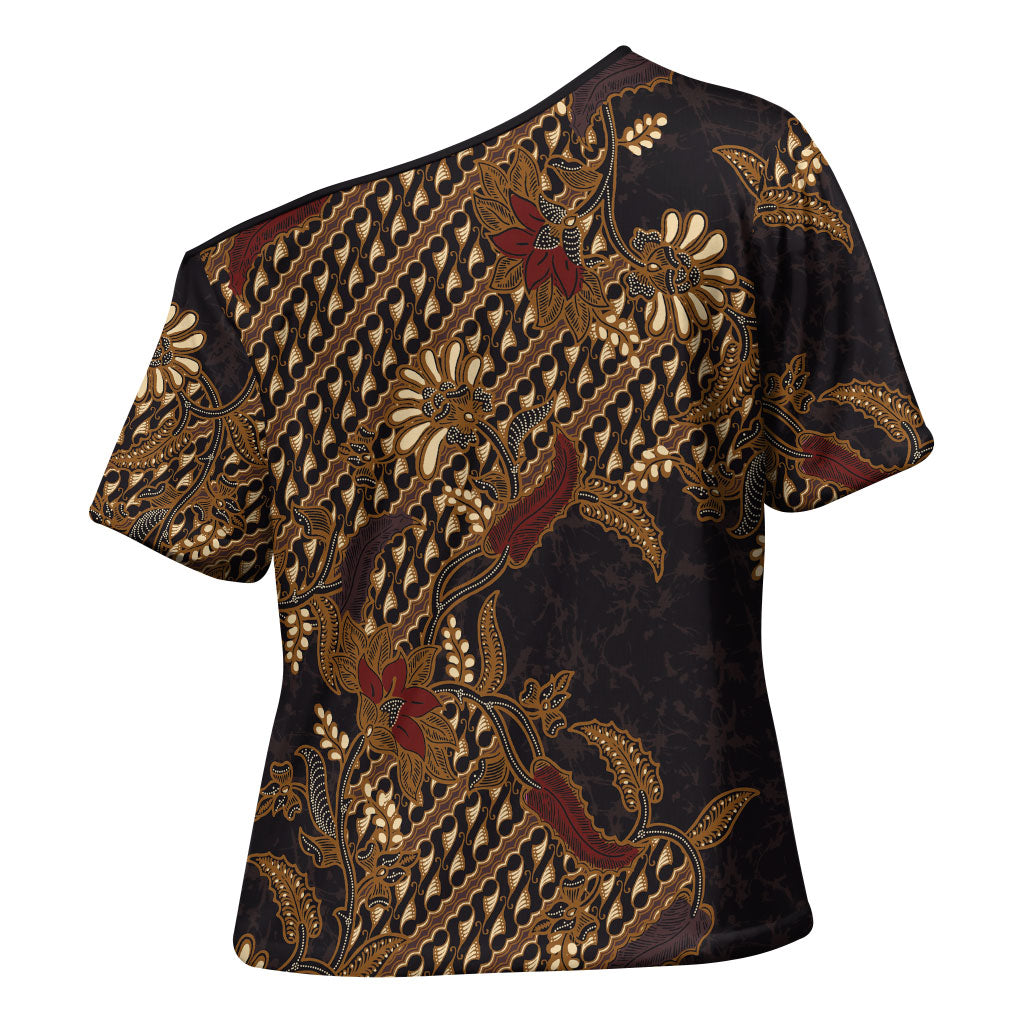 Indonesian Parang Batik Cross Shoulder Shirt Brown Gold Floral Pattern