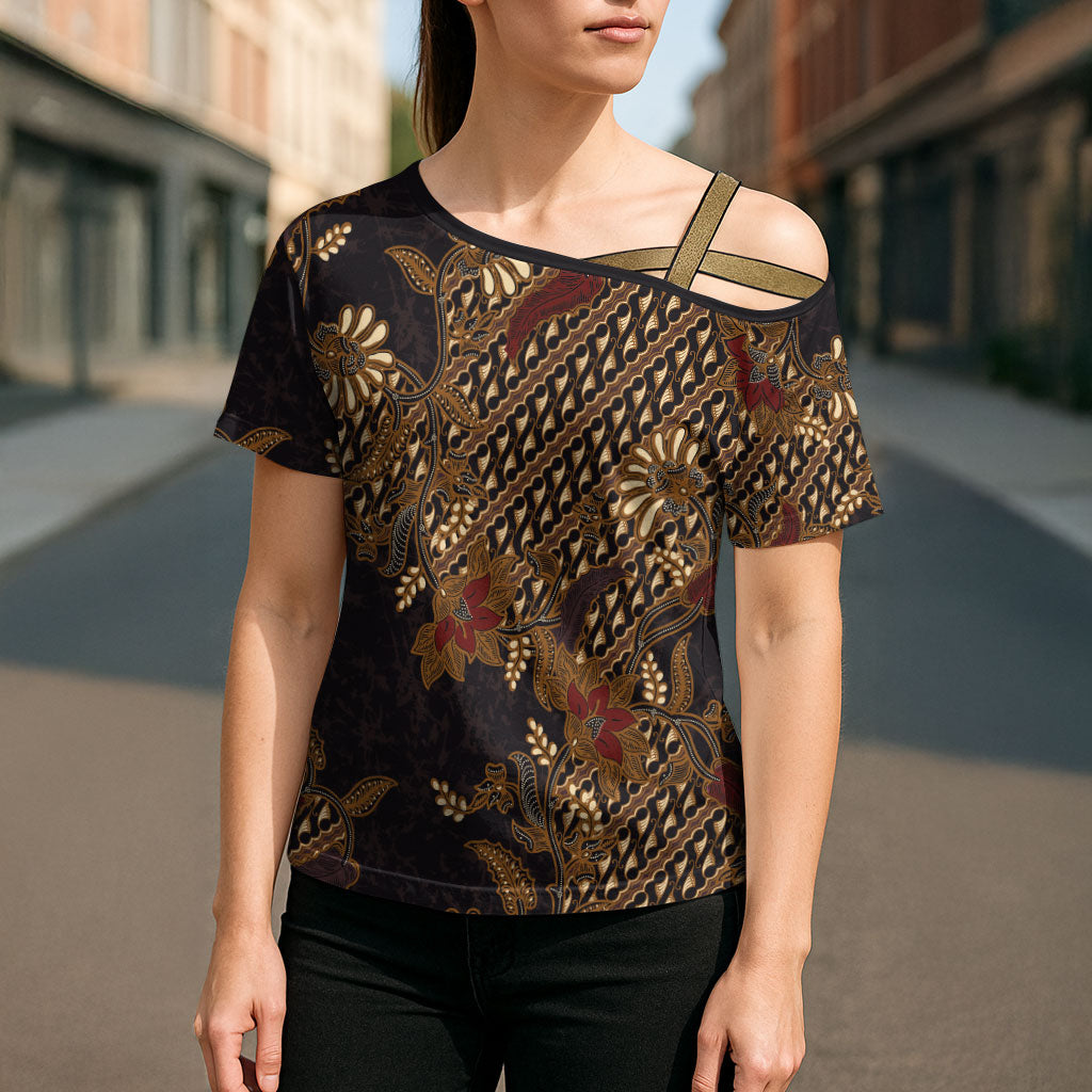 Indonesian Parang Batik Cross Shoulder Shirt Brown Gold Floral Pattern