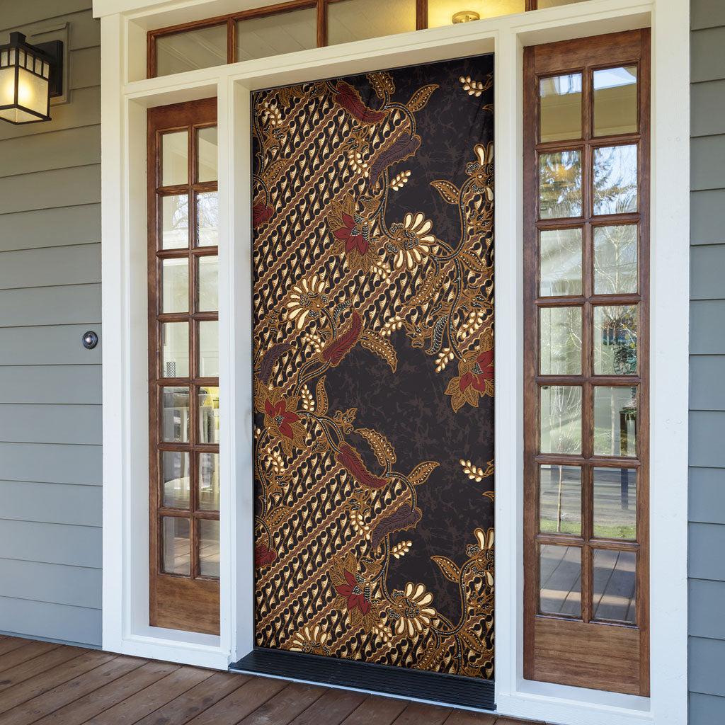 Indonesian Parang Batik Door Cover Brown Gold Floral Pattern