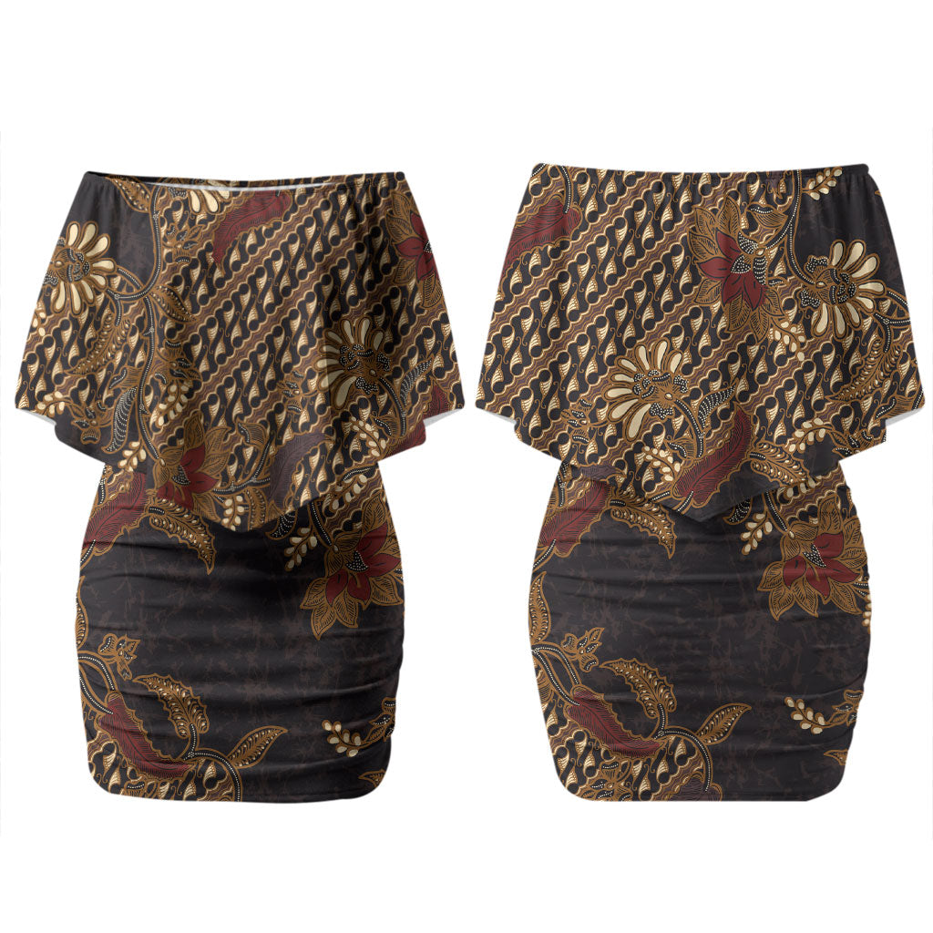 Indonesian Parang Batik Family Matching Off Shoulder Short Dress and Hawaiian Shirt Brown Gold Floral Pattern