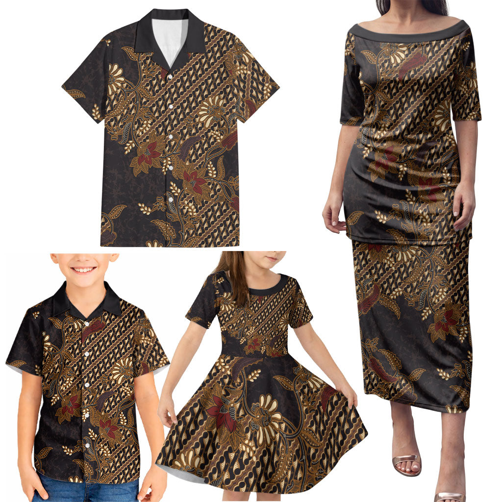 Indonesian Parang Batik Family Matching Puletasi and Hawaiian Shirt Brown Gold Floral Pattern