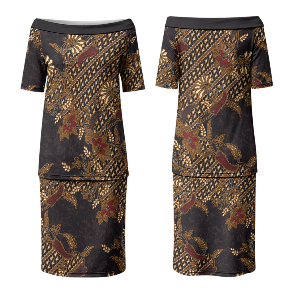 Indonesian Parang Batik Family Matching Puletasi and Hawaiian Shirt Brown Gold Floral Pattern