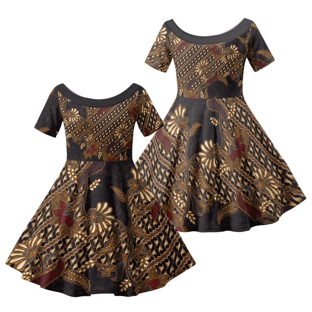 Indonesian Parang Batik Family Matching Puletasi and Hawaiian Shirt Brown Gold Floral Pattern