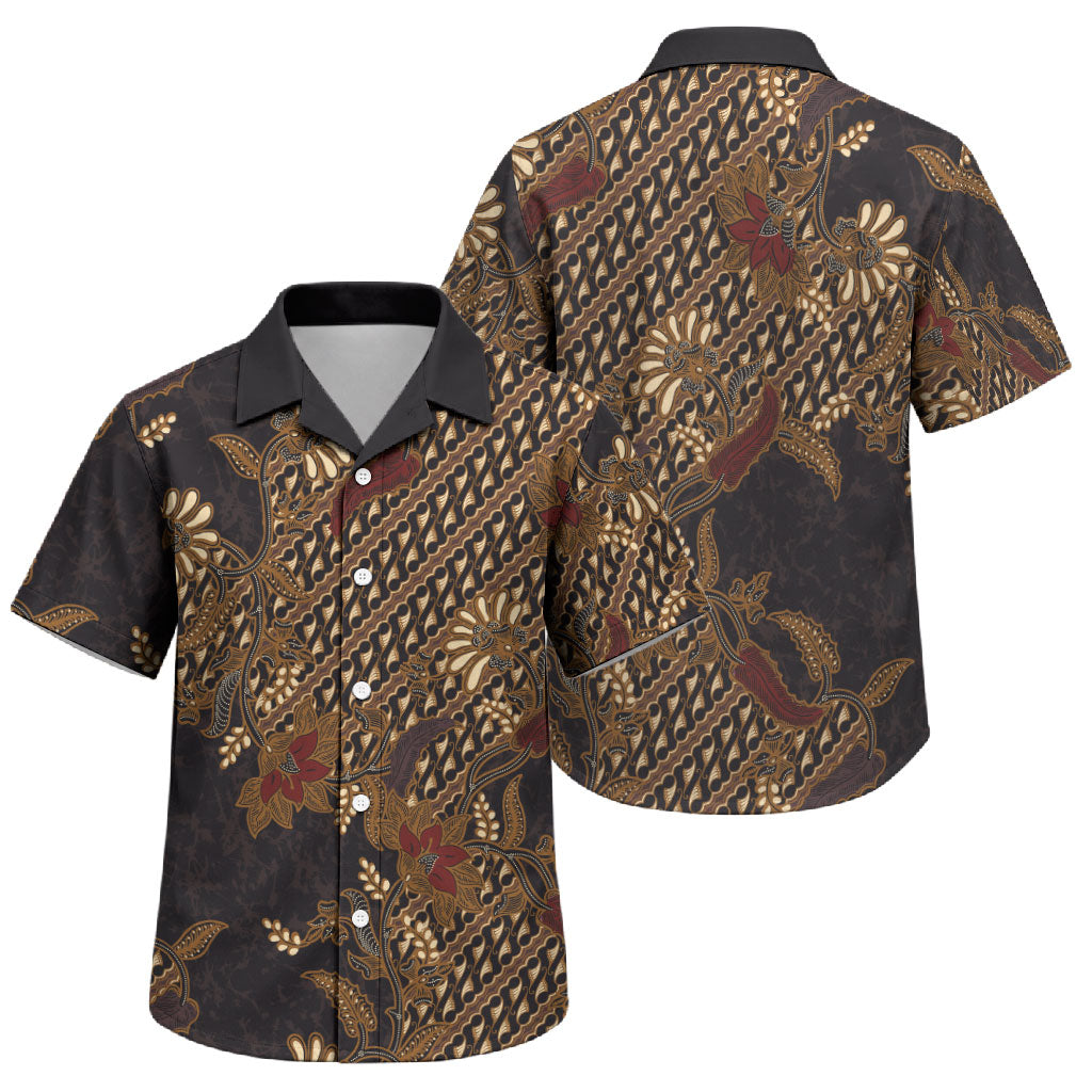 Indonesian Parang Batik Family Matching Puletasi and Hawaiian Shirt Brown Gold Floral Pattern