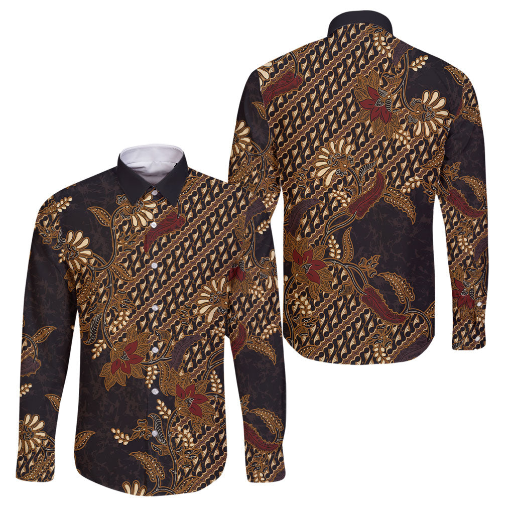 Indonesian Parang Batik Family Matching Summer Maxi Dress and Hawaiian Shirt Brown Gold Floral Pattern