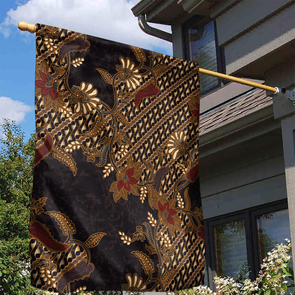 Indonesian Parang Batik Garden Flag Brown Gold Floral Pattern