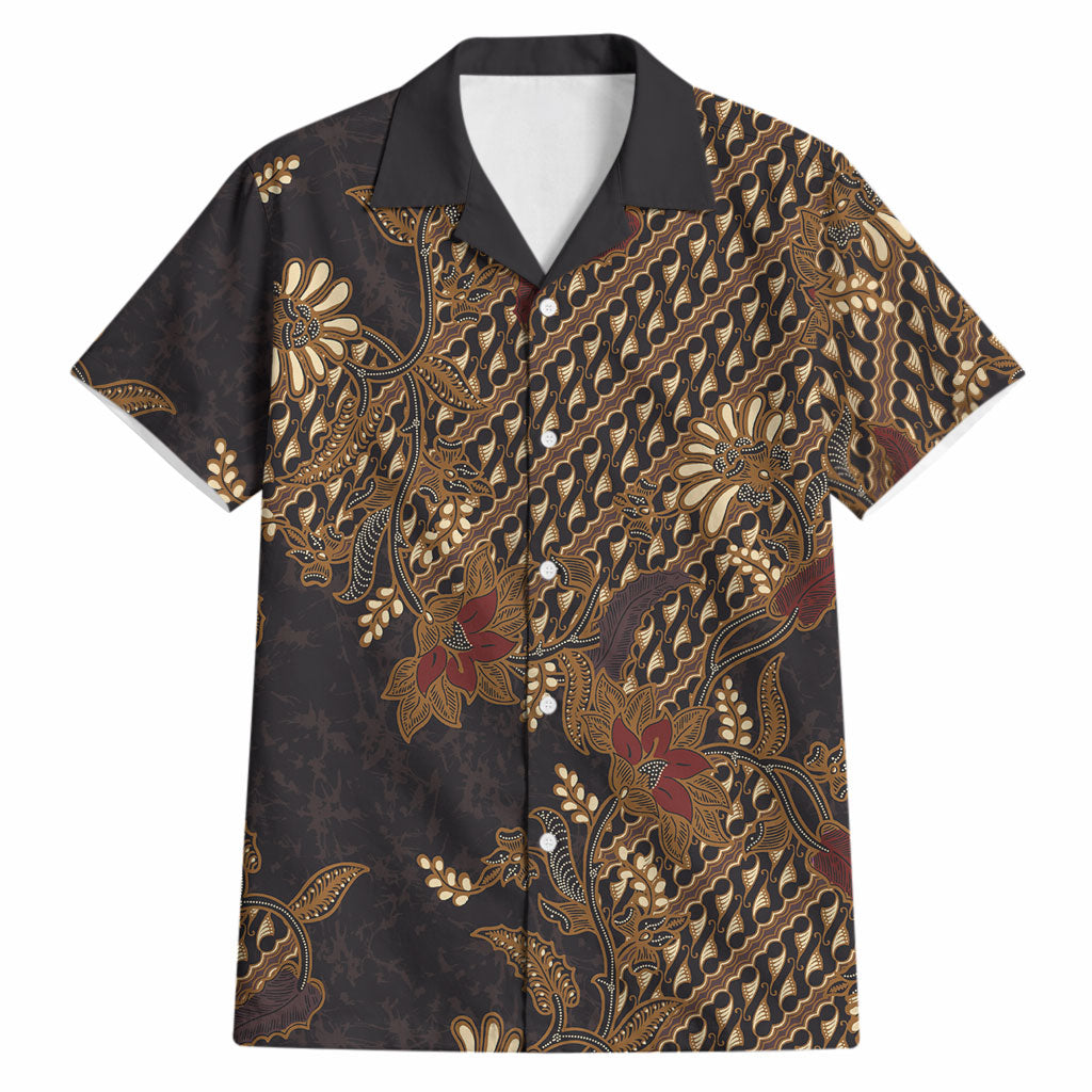 Indonesian Parang Batik Hawaiian Shirt Brown Gold Floral Pattern