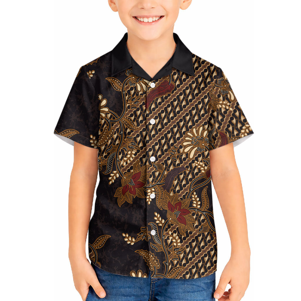 Indonesian Parang Batik Hawaiian Shirt Brown Gold Floral Pattern