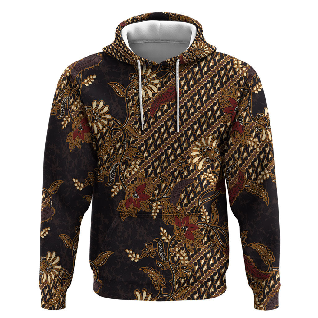Indonesian Parang Batik Hoodie Brown Gold Floral Pattern