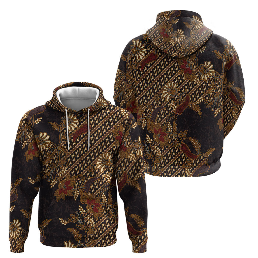 Indonesian Parang Batik Hoodie Brown Gold Floral Pattern