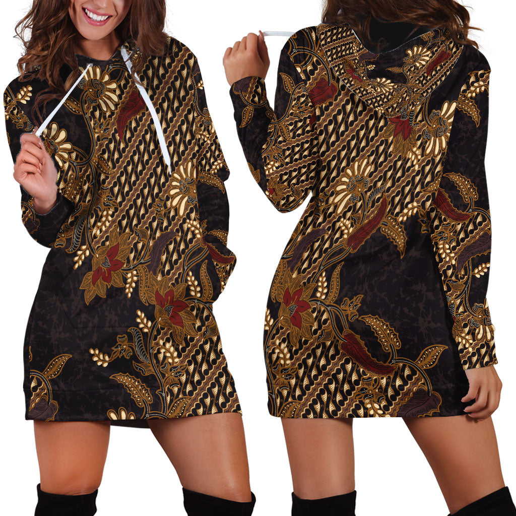 Indonesian Parang Batik Hoodie Dress Brown Gold Floral Pattern