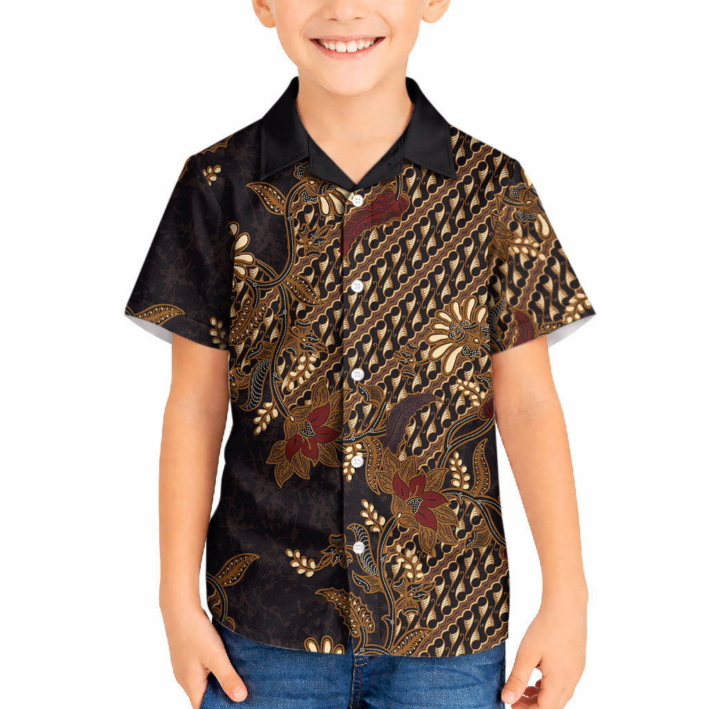 Indonesian Parang Batik Kid Hawaiian Shirt Brown Gold Floral Pattern