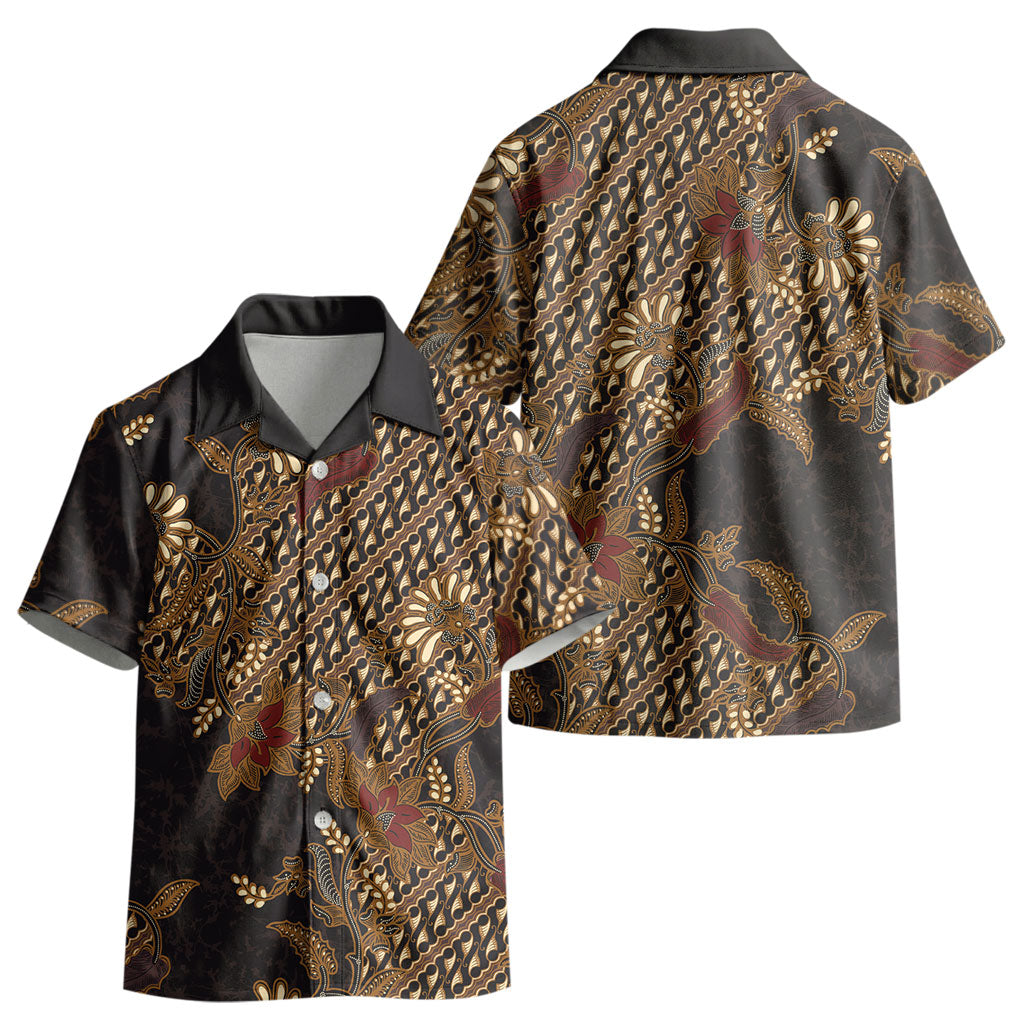 Indonesian Parang Batik Kid Hawaiian Shirt Brown Gold Floral Pattern
