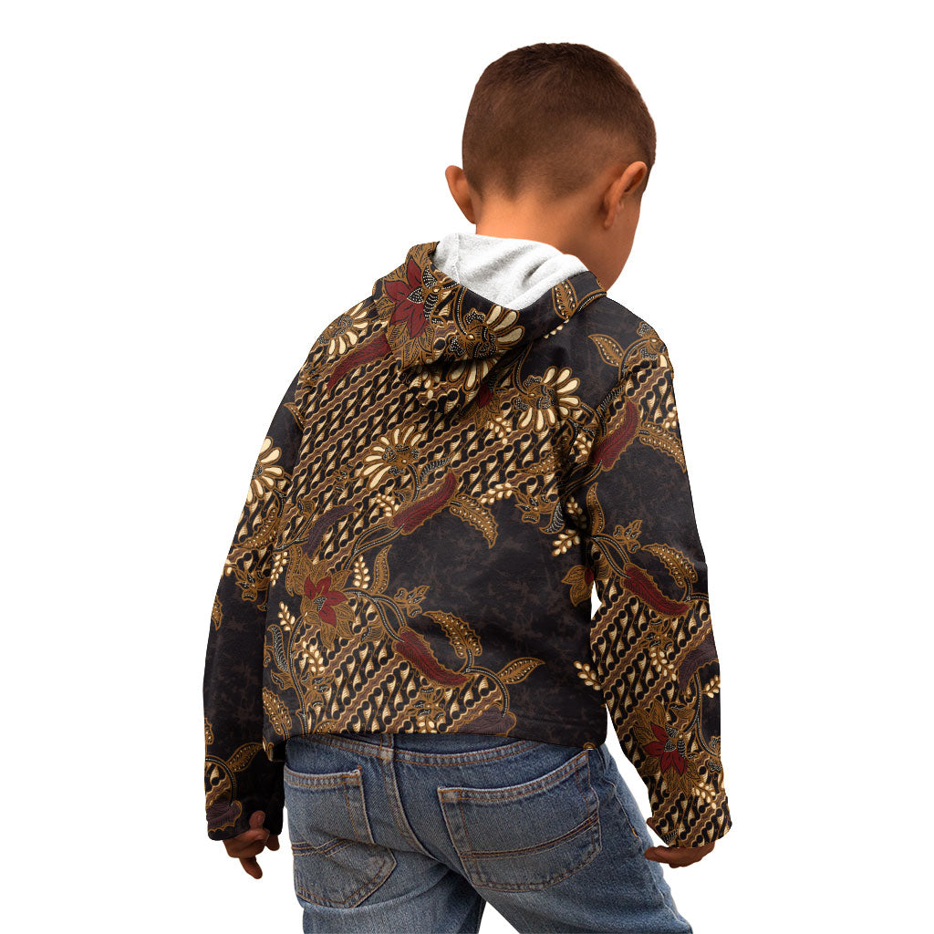 Indonesian Parang Batik Kid Hoodie Brown Gold Floral Pattern