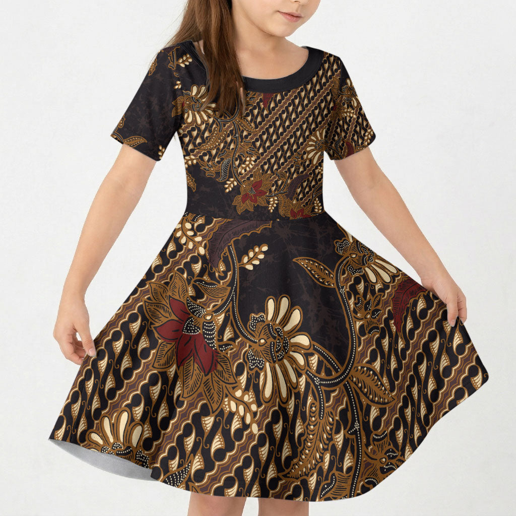 Indonesian Parang Batik Kid Short Sleeve Dress Brown Gold Floral Pattern