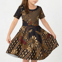 Indonesian Parang Batik Kid Short Sleeve Dress Brown Gold Floral Pattern