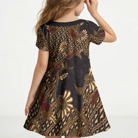 Indonesian Parang Batik Kid Short Sleeve Dress Brown Gold Floral Pattern