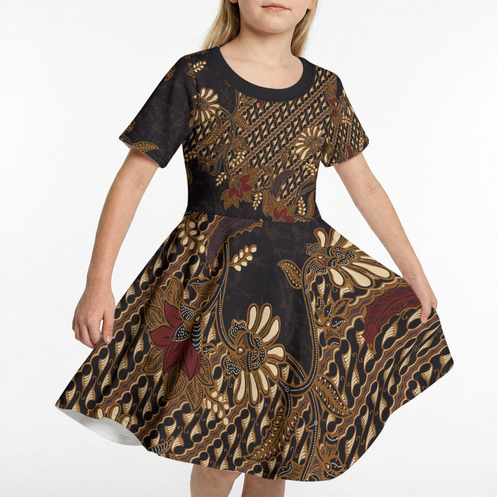 Indonesian Parang Batik Kid Short Sleeve Dress Brown Gold Floral Pattern