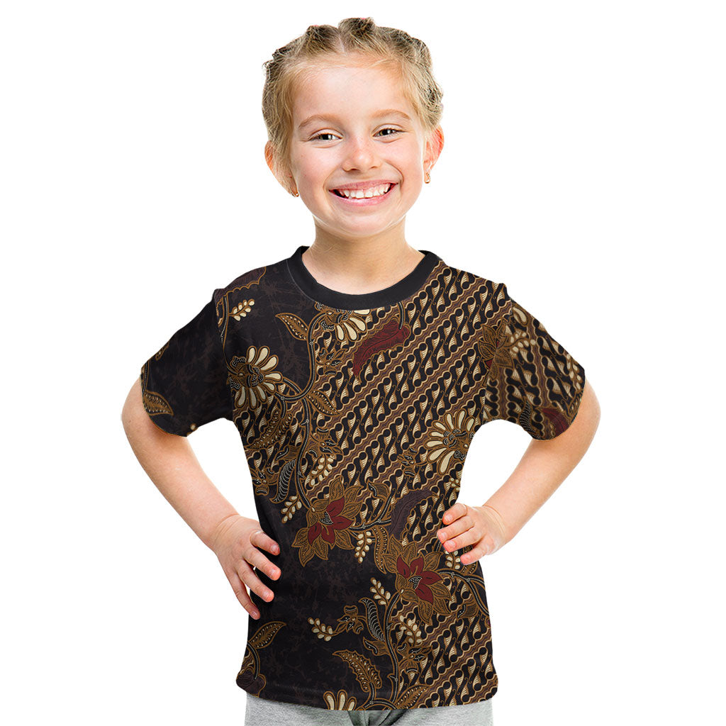 Indonesian Parang Batik Kid T Shirt Brown Gold Floral Pattern