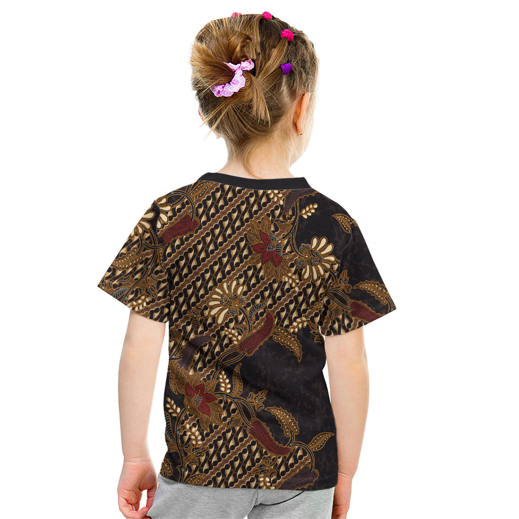 Indonesian Parang Batik Kid T Shirt Brown Gold Floral Pattern