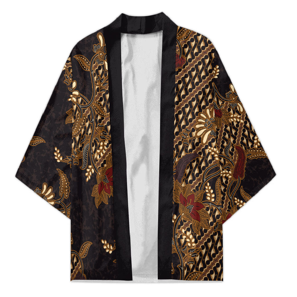 Indonesian Parang Batik Kimono Brown Gold Floral Pattern