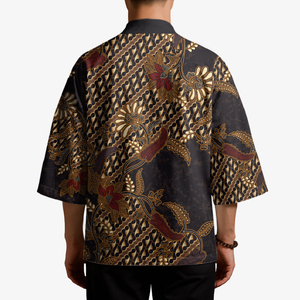 Indonesian Parang Batik Kimono Brown Gold Floral Pattern