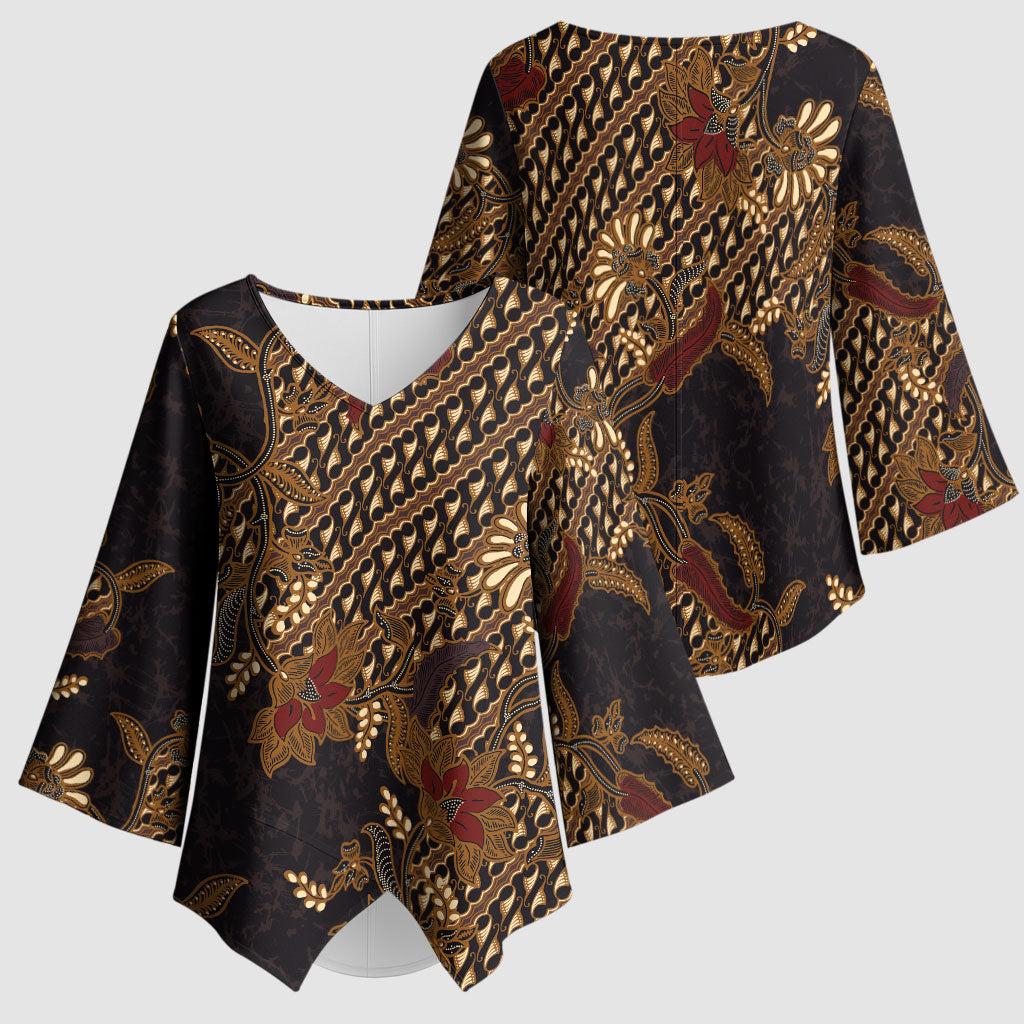 Indonesian Parang Batik Kimono Sleeve Blouse Brown Gold Floral Pattern