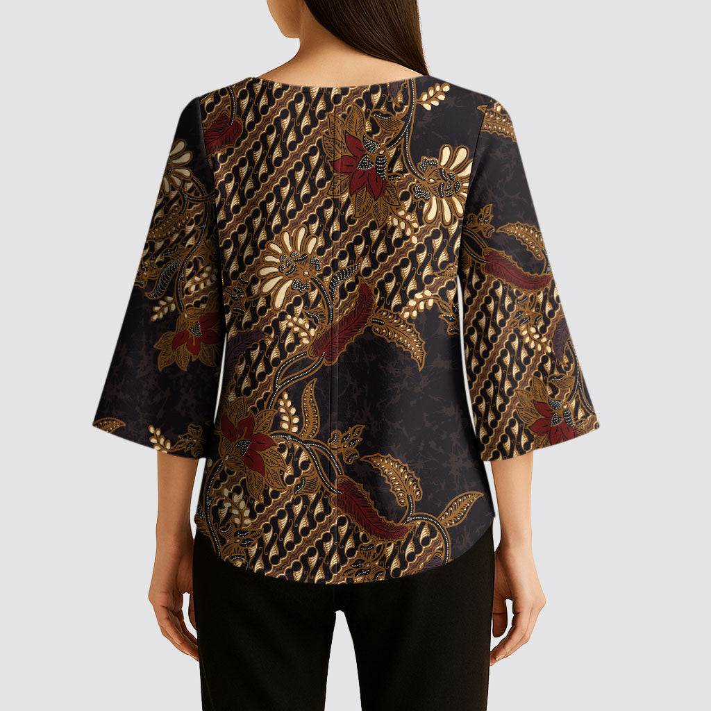 Indonesian Parang Batik Kimono Sleeve Blouse Brown Gold Floral Pattern