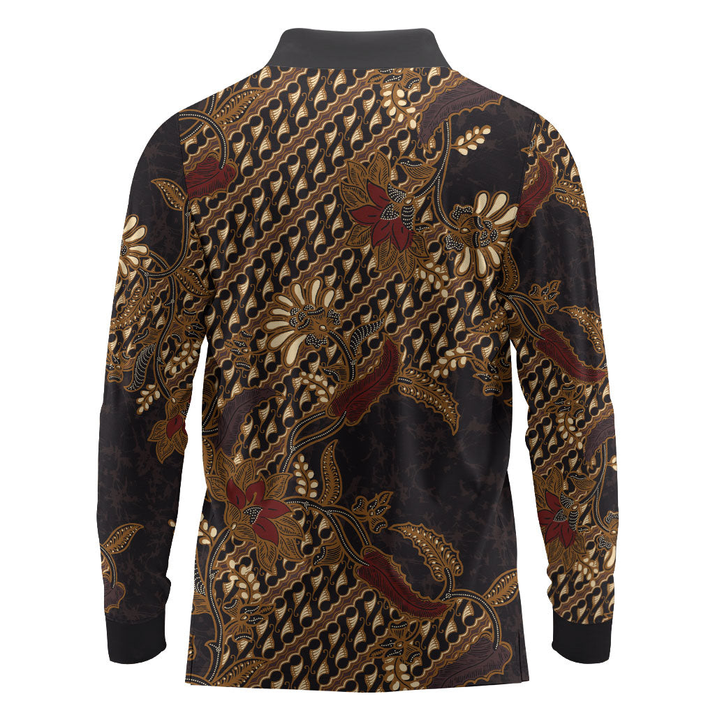 Indonesian Parang Batik Long Sleeve Polo Shirt Brown Gold Floral Pattern