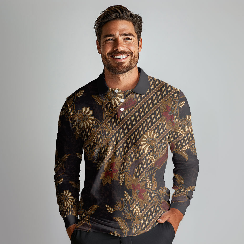 Indonesian Parang Batik Long Sleeve Polo Shirt Brown Gold Floral Pattern